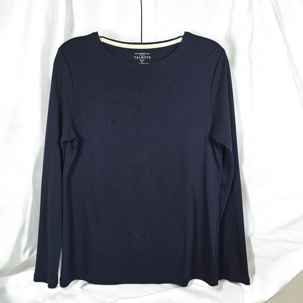 Talbots Petite Tee Shirt Woman LP Navy Blue Long Sleeve 100% Pima‎ Cotton READ